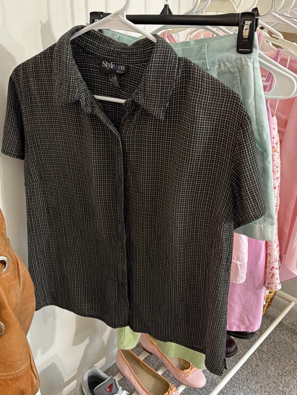 Style & Co. Black and White Micro-Checkered Button Up Short Sleeve Shirt